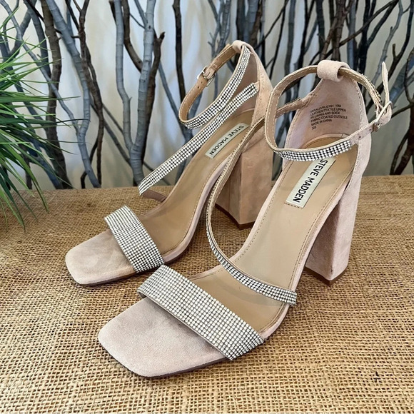 Steve Madden Varali Nude Rhinestone Block Heel Suede Sandals Size 10 - Picture 3 of 13